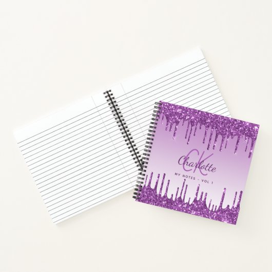 Paarse glitter druppelt violet monogram notitieboek (Binnen)