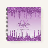 Paarse glitter druppelt violet monogram notitieboek (Voorkant)