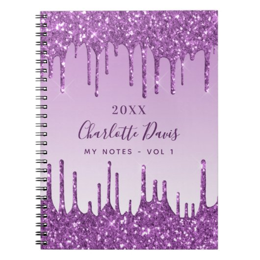 Paarse glitter drupt violet monogram 2021 luxe notitieboek (Voorkant)