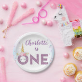 Paarse Glitter Een Eenhoorn 1e Verjaardag Papieren Bordje (Feest)