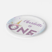 Paarse Glitter Een Eenhoorn 1e Verjaardag Papieren Bordje (Gekanteld)