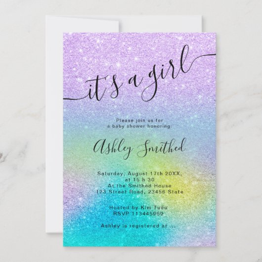 Paarse glitter eenhoorn ombre script baby shower kaart (Voorkant)