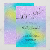 Paarse glitter eenhoorn ombre script baby shower kaart (Voorkant / Achterkant)