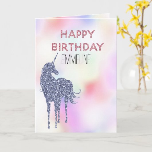Paarse Glitter Eenhoorn Roze Verjaardag Kaart (Gele Bloem)