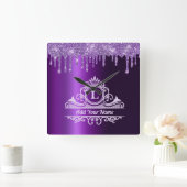 PAARSE GLITTER ELEGANT MONOGRAM WALL CLOCK VIERKANTE KLOK (Huis)