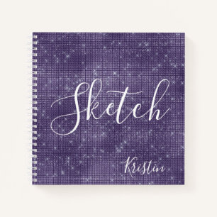 Paarse Glitter Elegant Script Jouw naam Sketchbook Notitieboek