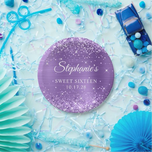 Paarse Glitter en Folie Sweet Sixteen Papieren Bordje (Feest)