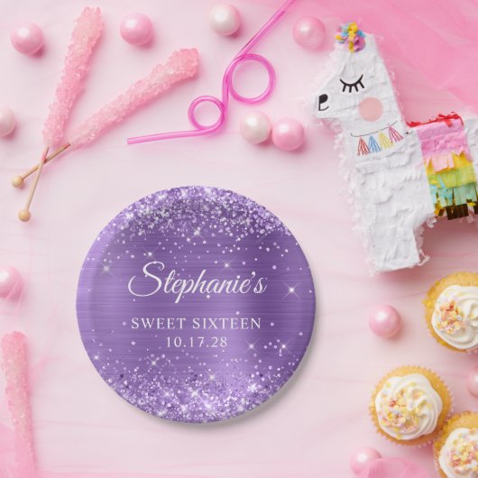 Paarse Glitter en Folie Sweet Sixteen Papieren Bordje (Feest)