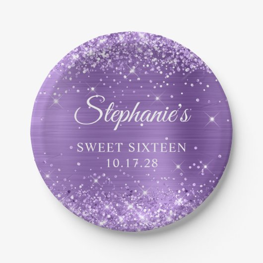 Paarse Glitter en Folie Sweet Sixteen Papieren Bordje (Voorkant)