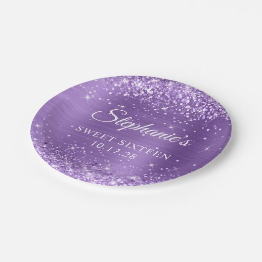 Paarse Glitter en Folie Sweet Sixteen Papieren Bordje (Gekanteld)