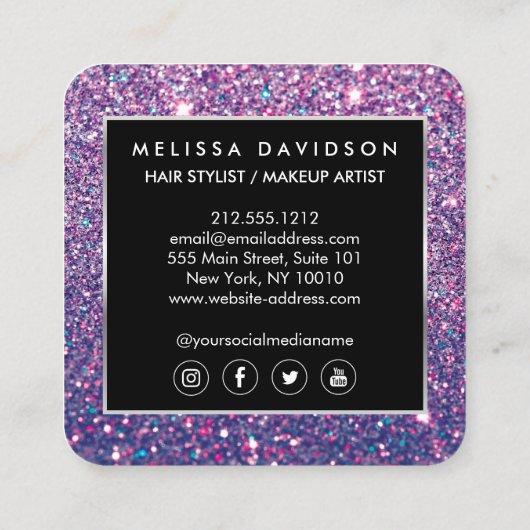Paarse Glitter en Glamor Beauty Vierkante Visitekaartje (Achterkant)
