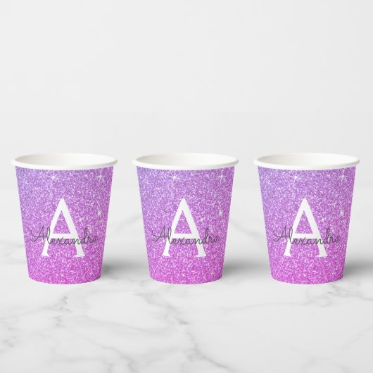 Paarse Glitter en Glans Monogram Papieren Bekers (Multi)