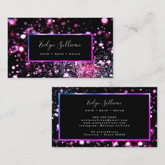 Paarse glitter en licht visitekaartje (Voorkant / Achterkant)