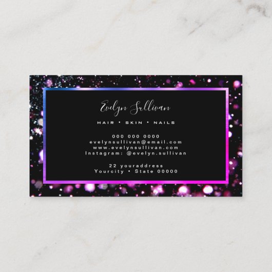 Paarse glitter en licht visitekaartje (Achterkant)