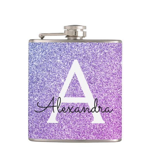 Paarse Glitter en Sparkle Monogram Initiaal Heupfles (Voorkant)