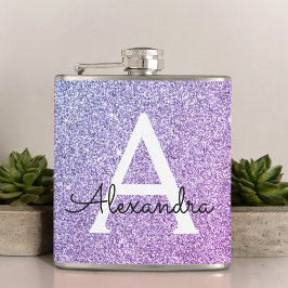 Paarse Glitter en Sparkle Monogram Initiaal Heupfles