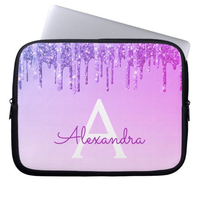 Paarse Glitter en Sparkle Monogram Laptop Sleeve (Voorkant)