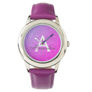 Paarse Glitter en Sparkle Monogram Luxe Horloge