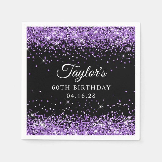 Paarse Glitter en Zwart 60e Verjaardag Servet (Voorkant)