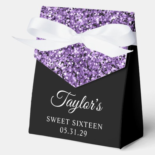 Paarse Glitter en Zwart Sweet Sixteen Bedankdoosjes (Voorkant)