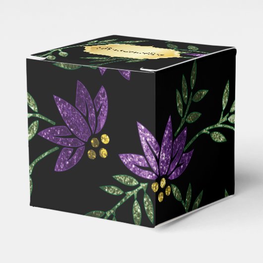 Paarse Glitter en Zwarte Bloemen Bedankdoosjes (Voorkant Zijde)