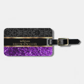Paarse glitter en zwarte Damask Bagagelabel (Voorkant horizontaal)