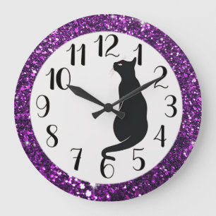 Paarse glitter en zwarte kat grote klok