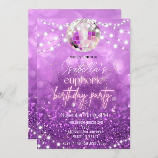 Paarse glitter euforie verjaardagsfeestuitnodiging kaart (Voorkant / Achterkant)