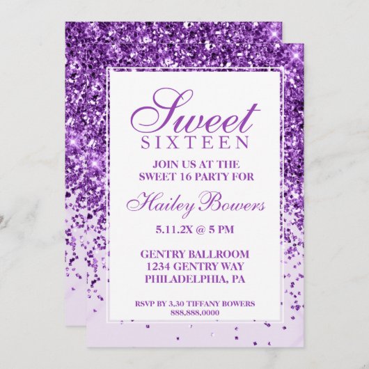 Paarse Glitter Fab Sweet Sixteen Uitnodiging (Voorkant / Achterkant)