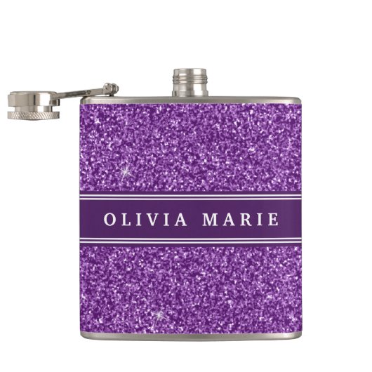 Paarse Glitter (faux) Persoonlijke naam Heupfles (Geopend)