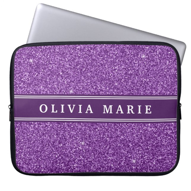 Paarse Glitter (faux) Persoonlijke naam Laptop Sleeve (Voorkant)
