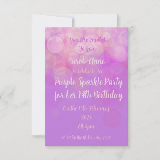 Paarse Glitter Feest Uitnodiging (Voorkant)