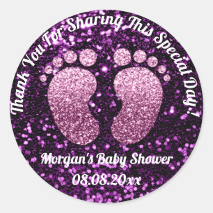 Paarse Glitter Feet Baby shower Favor Dank je Ronde Sticker
