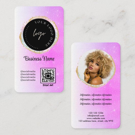 Paarse Glitter Feminin Social Media Logo QR Code Visitekaartje (Voorkant / Achterkant)