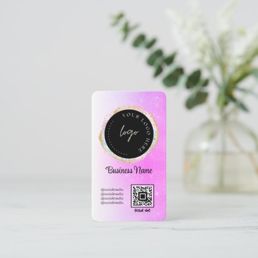 Paarse Glitter Feminin Social Media Logo QR Code Visitekaartje (Staand voorkant)