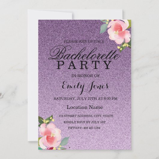 Paarse Glitter Floral Bachelorette Kaart (Voorkant)