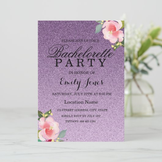 Paarse Glitter Floral Bachelorette Kaart (Staand voorkant)