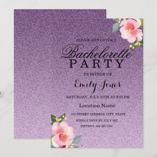 Paarse Glitter Floral Bachelorette Kaart (Voorkant / Achterkant)