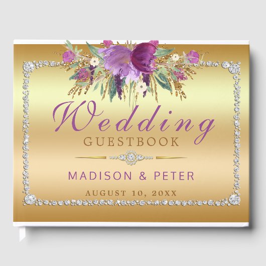 Paarse Glitter Flowers Diamonds Gold Bruiloft Gastenboek (Voorkant)