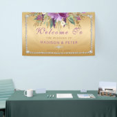 Paarse Glitter Flowers Diamonds Gold Bruiloft Spandoek (Beurs)
