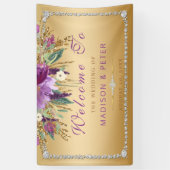 Paarse Glitter Flowers Diamonds Gold Bruiloft Spandoek (Verticaal)