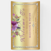 Paarse Glitter Flowers Diamonds Gold Bruiloft Spandoek (Verticaal)