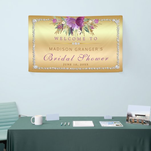 Paarse Glitter Flowers Diamonds Gold Vrijgezellenf Spandoek (Beurs)