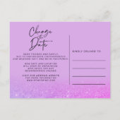 Paarse glitter foto bruiloft verandert datum aankondigingskaart (Achterkant)