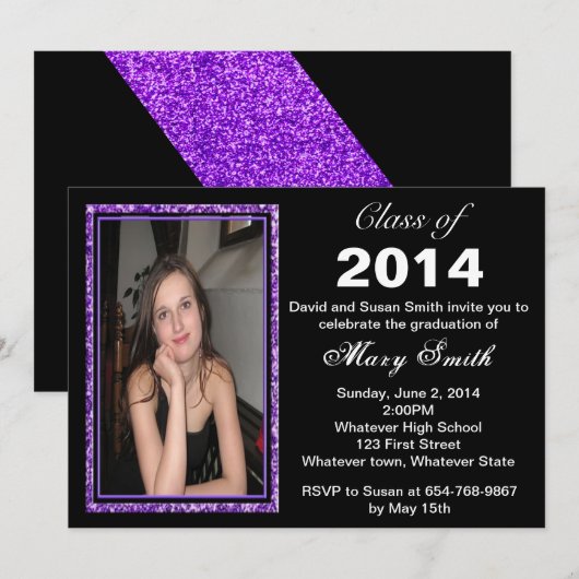 Paarse Glitter Foto Lijst Uitnodiging Afstuderen (Voorkant / Achterkant)