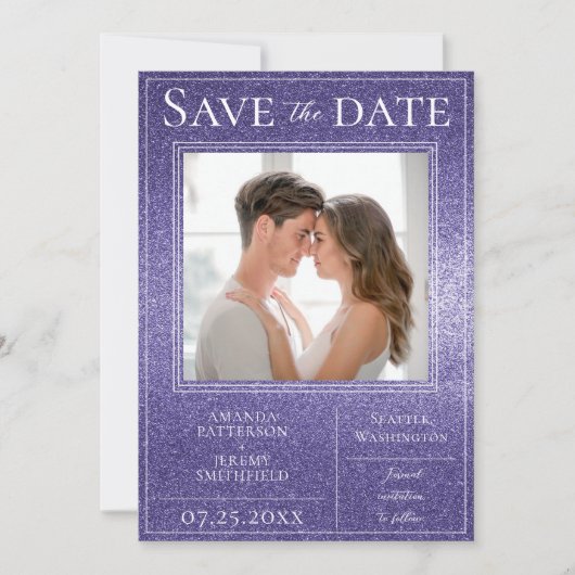 Paarse Glitter Foto slaat de datum op Save The Date (Voorkant)