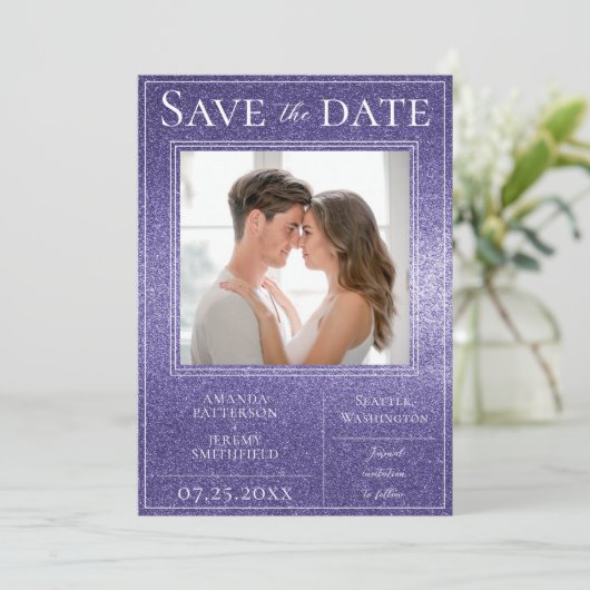 Paarse Glitter Foto slaat de datum op Save The Date (Staand voorkant)