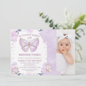 Paarse glitter foto vlinder kussen 1e verjaardag kaart (Staand voorkant)