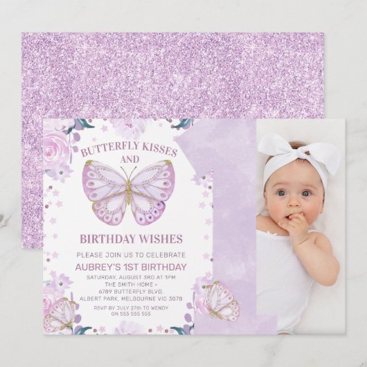 Paarse glitter foto vlinder kussen 1e verjaardag kaart (Voorkant / Achterkant)