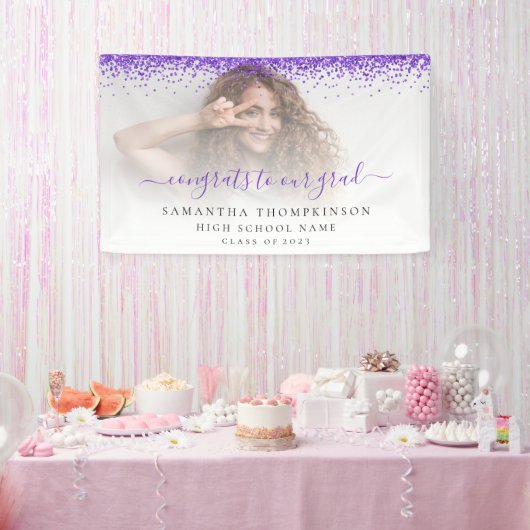 Paarse Glitter Fotoscript 2024 Afstuderen Banner (Feest)